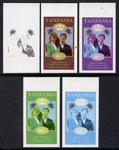 Tanzania 1986 Royal Wedding (Andrew & Fergie) the unissued 60s value in set of 5 imperf progressive colour proofs comprising single colour and various composites unmounte..., stamps on royalty, stamps on andrew, stamps on fergie, stamps on 