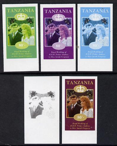 Tanzania 1986 Royal Wedding (Andrew & Fergie) the unissued 80s value in set of 5 imperf progressive colour proofs comprising single colour and various composites unmounted mint, stamps on royalty, stamps on andrew, stamps on fergie, stamps on 