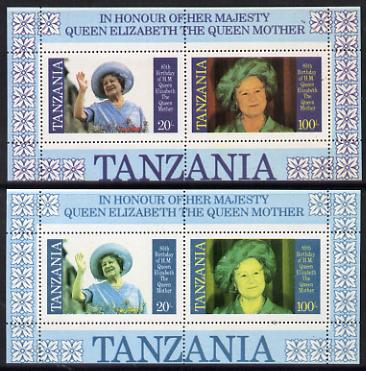 Tanzania 1985 Life & Times of HM Queen Mother m/sheet (containing SG 426 & 428) with red omitted plus normal unmounted mint, stamps on royalty, stamps on queen mother