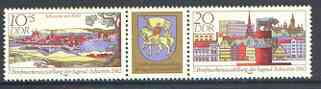 Germany - East 1982 National Youth Stamp Exhibition se-tenant pair plus label unmounted mint, SG E2430a, stamps on stamp exhibitions, stamps on heraldry, stamps on arms, stamps on bovine