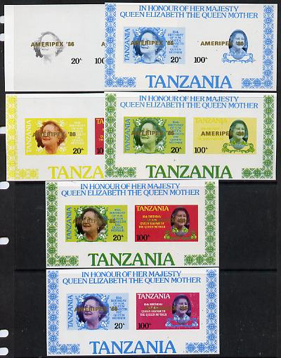 Tanzania 1986 Queen Mother m/sheet (containing SG 425 & 427 with 'AMERIPEX 86' opt in gold) set of 6 imperf progressive colour proofs unmounted mint, stamps on postal, stamps on royalty, stamps on queen mother, stamps on stamp exhibitions