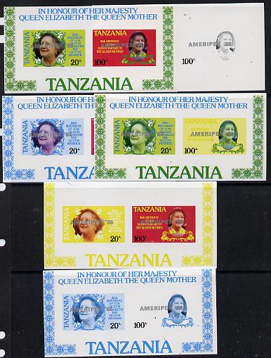 Tanzania 1986 Queen Mother m/sheet (containing SG 425 & 427 with 'AMERIPEX 86' opt in silver) set of 6 imperf progressive colour proofs unmounted mint, stamps on postal, stamps on royalty, stamps on queen mother, stamps on stamp exhibitions