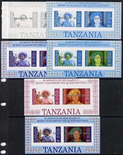 Tanzania 1986 Queen Mother m/sheet (containing SG 426 & 428 with 'AMERIPEX 86' opt in silver) set of 6 imperf progressive colour proofs unmounted mint, stamps on postal, stamps on royalty, stamps on queen mother, stamps on stamp exhibitions
