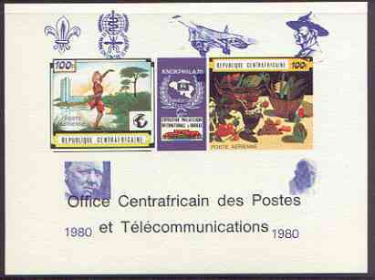Central African Republic 1980 opt on 1970 Knokphila 70 Stamp Exhibition 100f triptych deluxe proof card in full issued colours (as SG 223-4) optd in blue showing Scout & ..., stamps on fruit, stamps on stamp exhibitions, stamps on scouts, stamps on churchill, stamps on concorde, stamps on pope, stamps on malaria, stamps on diseases, stamps on aviation, stamps on 