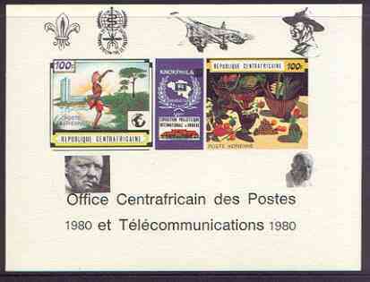 Central African Republic 1980 opt on 1970 'Knokphila 70' Stamp Exhibition 100f triptych deluxe proof card in full issued colours (as SG 223-4) opt'd in black showing Scout & Malaria logos, Concorde, Baden Powell, Churchill & Pope , stamps on fruit, stamps on stamp exhibitions, stamps on scouts, stamps on churchill, stamps on concorde, stamps on pope, stamps on malaria, stamps on diseases, stamps on aviation, stamps on 