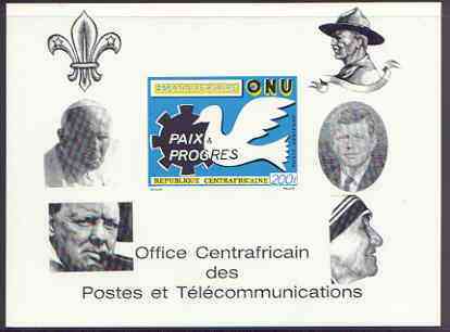 Central African Republic 1970 25th Anniversary of United Nations deluxe proof card in full issued colours (as SG 227) opt'd in black showing Scout logo, Baden Powell, Churchill, Pope, Kennedy & Mother Teresa, stamps on united nations, stamps on doves, stamps on scouts, stamps on churchill, stamps on pope, stamps on kennedy, stamps on teresa, stamps on nobel