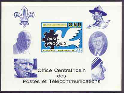Central African Republic 1970 25th Anniversary of United Nations deluxe proof card in full issued colours (as SG 227) opt'd in blue showing Scout logo, Baden Powell, Churchill, Pope, Kennedy & Mother Teresa, stamps on united nations, stamps on doves, stamps on scouts, stamps on churchill, stamps on pope, stamps on kennedy, stamps on teresa, stamps on nobel