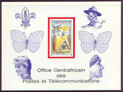 Central African Republic 1970 'EXPO 70' 200f deluxe proof card in full issued colours (as SG 226) opt'd in blue showing Scout logo, Baden Powell, Butterflies, Princess Di & Mother Teresa, stamps on building, stamps on flags, stamps on scouts, stamps on butterflies, stamps on diana, stamps on teresa, stamps on nobel, stamps on royalty