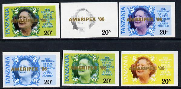 Tanzania 1986 Queen Mother 20s (SG 425 with 'AMERIPEX 86' opt in gold) set of 6 imperf progressive colour proofs unmounted mint, stamps on postal, stamps on royalty, stamps on queen mother, stamps on stamp exhibitions