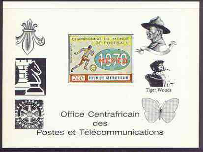 Central African Republic 1970 Football World Cup deluxe die proof of 200f on glossy card, as SG 225 optd in black showing Scout logo (inverted), Baden Powell, Chess piece..., stamps on football, stamps on sport, stamps on scouts, stamps on chess, stamps on rotary, stamps on golf, stamps on butterflies, stamps on 