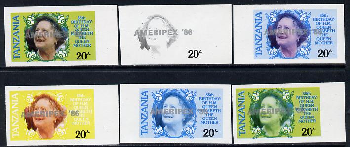 Tanzania 1986 Queen Mother 20s (SG 425 with 'AMERIPEX 86' opt in silver) set of 6 imperf progressive colour proofs unmounted mint, stamps on postal, stamps on royalty, stamps on queen mother, stamps on stamp exhibitions