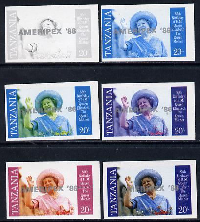 Tanzania 1986 Queen Mother 20s (SG 426 with 'AMERIPEX 86' opt in silver) set of 6 imperf progressive colour proofs unmounted mint, stamps on postal, stamps on royalty, stamps on queen mother, stamps on stamp exhibitions