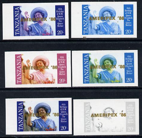 Tanzania 1986 Queen Mother 20s (SG 426 with 'AMERIPEX 86' opt in gold) set of 6 imperf progressive colour proofs unmounted mint, stamps on postal, stamps on royalty, stamps on queen mother, stamps on stamp exhibitions