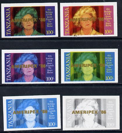 Tanzania 1986 Queen Mother 100s (SG 428 with 'AMERIPEX 86' opt in gold) set of 6 imperf progressive colour proofs unmounted mint, stamps on postal, stamps on royalty, stamps on queen mother, stamps on stamp exhibitions