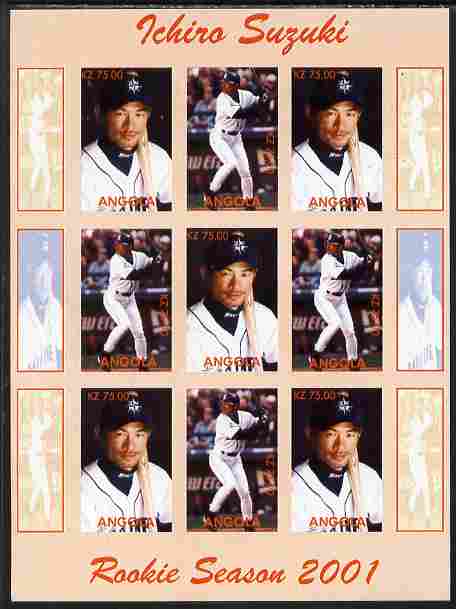 Angola 2001 Baseball Rookie Season - Ichiro Suzuki imperf sheetlet containing 9 values unmounted mint. Note this item is privately produced and is offered purely on its t..., stamps on personalities, stamps on sport, stamps on baseball