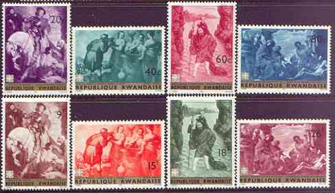 Rwanda 1967 Paintings perf set of 8 unmounted mint, SG 208-15, stamps on arts, stamps on murillo, stamps on van dyck, stamps on saints, stamps on judaica, stamps on horses