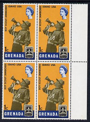 Grenada 1968 Scout Bugler 1c block of 4, one stamp with variety 'dot in hat' (R4/8) unmounted mint, stamps on music  scouts, stamps on headdresses, stamps on hats