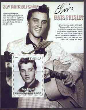 Congo 2002 25th Death Anniversary of Elvis Presley perf souvenir sheet #1 (1955 B&W portrait of Elvis in Tampa) unmounted mint, stamps on elvis, stamps on music, stamps on entertainments, stamps on films