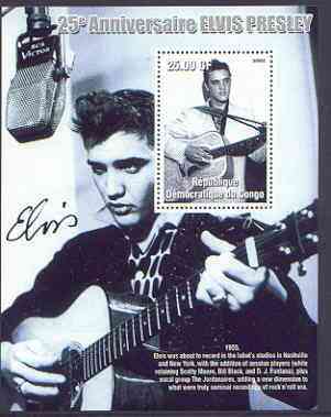 Congo 2002 25th Death Anniversary of Elvis Presley perf souvenir sheet #3 (1955 B&W pic of Elvis in recording studio) unmounted mint, stamps on elvis, stamps on music, stamps on entertainments, stamps on films