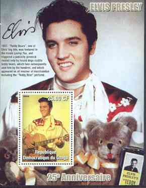 Congo 2002 25th Death Anniversary of Elvis Presley perf souvenir sheet #5 (1957 colour pic of Elvis with Teddy Bears) unmounted mint, stamps on elvis, stamps on music, stamps on entertainments, stamps on films, stamps on teddy bears