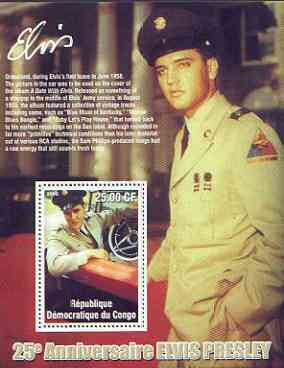 Congo 2002 25th Death Anniversary of Elvis Presley perf souvenir sheet #7 (1958 colour pic of Elvis in GI uniform in car) unmounted mint, stamps on elvis, stamps on music, stamps on entertainments, stamps on films, stamps on uniforms