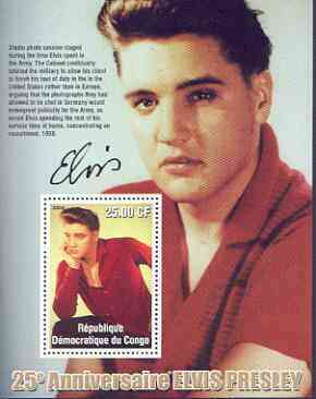 Congo 2002 25th Death Anniversary of Elvis Presley perf souvenir sheet #8 (1959 colour pic of Elvis in red shirt) unmounted mint, stamps on elvis, stamps on music, stamps on entertainments, stamps on films, stamps on 