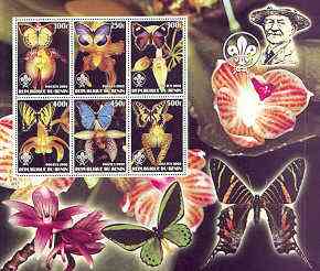 Benin 2002 Orchids & Butterflies special large perf sheet containing 6 values each with Scouts Logo unmounted mint, stamps on flowers, stamps on orchids, stamps on butterflies, stamps on scouts