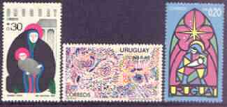 Uruguay 1975 Christmas perf set of 3 unmounted mint, SG 1624-26, stamps on christmas, stamps on stained glass, stamps on fireworks