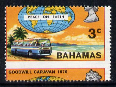 Bahamas 1970 Goodwill Caravan 3c unmounted mint with superb 7mm drop of horiz perfs SG 347var, stamps on maps, stamps on transport, stamps on buses