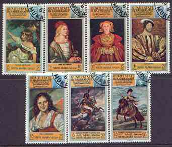 Aden - Quaiti 1967 Paintings perf set of 7 fine cds used, Mi 108-14A, stamps on arts, stamps on reynolds, stamps on durer, stamps on holbein, stamps on hals, stamps on 