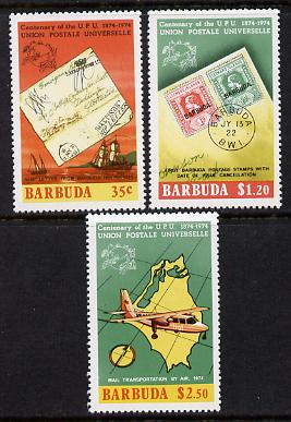 Barbuda 1974 Centenary of Universal Postal Union perf set of 3 unmounted mint SG 177-9, stamps on , stamps on  upu , stamps on stamp on stamp    aviation, stamps on stamponstamp