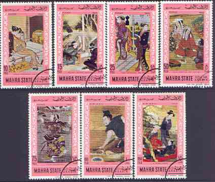 Aden - Mahra 1968 Japanese Paintings perf set of 7 cto used, Mi 75-81A, stamps on arts, stamps on 