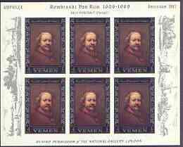 Yemen - Royalist 1967 Rembrandt imperf set of 6 (borders in silver) each in sheetlets of 6 (with Windmills & Amphilex in margins) unmounted mint SG R205-10, Mi 284-89B, stamps on arts, stamps on personalities, stamps on rembrandt, stamps on windmills, stamps on stamp exhibitions, stamps on renaissance