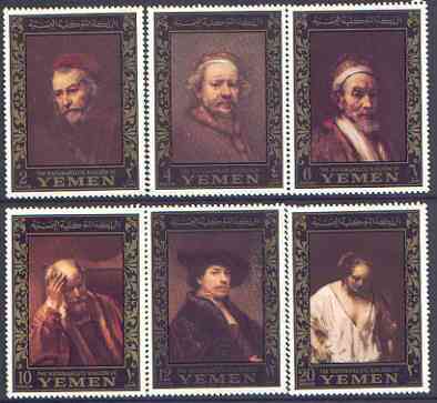 Yemen - Royalist 1967 Rembrandt perf set of 6 (borders in gold) unmounted mint as SG R205-10, Mi 278-83A, stamps on arts, stamps on personalities, stamps on rembrandt, stamps on renaissance