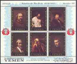 Yemen - Royalist 1967 Rembrandt perf m/sheet containing set of 6 (borders in gold) with Amphilex in margin unmounted mint, Mi BL 37A, stamps on arts, stamps on personalities, stamps on rembrandt, stamps on stamp exhibitions, stamps on renaissance