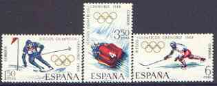 Spain 1968 Grenoble Winter Olympic Games perf set of 3 unmounted mint, SG 1909-11, stamps on olympics, stamps on skiing, stamps on bobsled, stamps on ice hockey