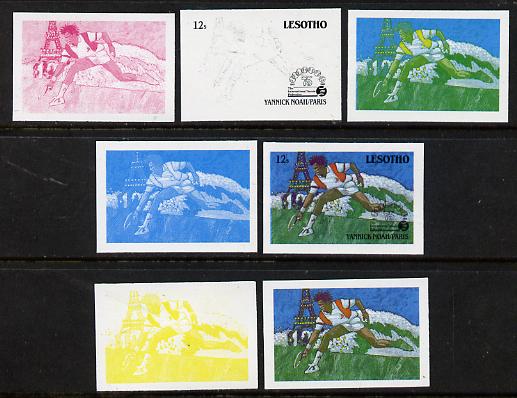 Lesotho 1988 Tennis Federation 12s (Yannick Noah) unmounted mint set of 7 imperf progressive colour proofs comprising the 4 individual colours plus 2, 3 and all 4-colour composites (as SG 843), stamps on , stamps on  stamps on sport  tennis