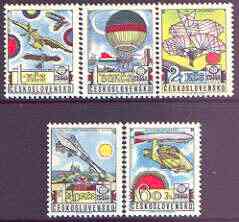 Czechoslovakia 1977 'Praga 78' Stamp Exhibition (6th issue - Early Aviation) perf set of 5 unmounted mint, SG 2358-62, stamps on stamp exhibitions, stamps on aviation, stamps on zeppelins, stamps on airships, stamps on balloons
