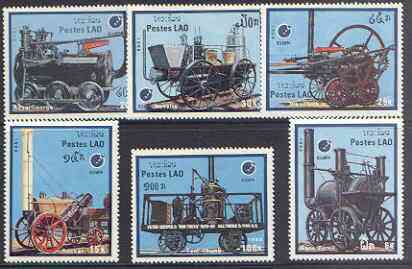 Laos 1988 Essen 88 Stamp Exhibition - Early Railway Locomotives perf set of 6 unmounted mint, SG 1071-76, stamps on railways, stamps on stamp exhibitions