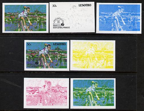 Lesotho 1988 Tennis Federation 30s (Ivan Lendl) unmounted mint set of 7 imperf progressive colour proofs comprising the 4 individual colours plus 2, 3 and all 4-colour co..., stamps on sport  tennis