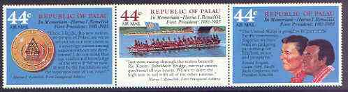 Palau 1985 Pres Remelik Commemoration perf strip of 3 unmounted mint, SG 142-44, stamps on canoes, stamps on ships, stamps on americana, stamps on presidents, stamps on medals