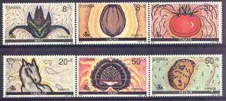 Spain 1989 500th Anniversary of Discovery of America (4th Issue) perf set of 6 unmounted mint, SG 3035-40, stamps on , stamps on  stamps on americana, stamps on  stamps on maize, stamps on  stamps on tomato, stamps on  stamps on horses, stamps on  stamps on food, stamps on  stamps on potatoes, stamps on  stamps on turkey