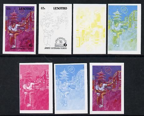 Lesotho 1988 Tennis Federation 65s (Jimmy Connors) unmounted mint set of 7 imperf progressive colour proofs comprising the 4 individual colours plus 2, 3 and all 4-colour..., stamps on sport  tennis