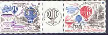 French Southern & Antarctic Territories 1984 Bicentenary of Manned Flight, se-tenant strip of 2 plus label (Balloons & Airships) unmounted mint, SG 190a, stamps on polar, stamps on balloons, stamps on airships, stamps on aviation