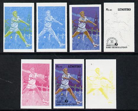 Lesotho 1988 Tennis Federation 2m40 (Boris Becker) unmounted mint set of 7 imperf progressive colour proofs comprising the 4 individual colours plus 2, 3 and all 4-colour..., stamps on sport  tennis