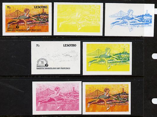 Lesotho 1988 Tennis Federation 3m (Martina Navratilova) unmounted mint set of 7 imperf progressive colour proofs comprising the 4 individual colours plus 2, 3 and all 4-colour composites (as SG 851), stamps on sport, stamps on tennis, stamps on bridge (card game)     