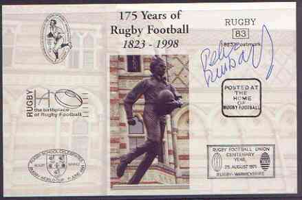 Postcard privately produced in 1998 (coloured) for the 175th Anniversary of Rugby, signed by Peter Rossborough (England - 7 caps & Coventry) unused and pristine, stamps on rugby, stamps on sport