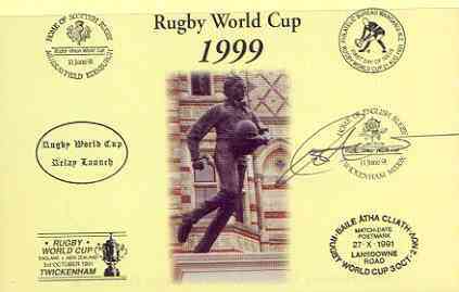 Postcard privately produced in 1999 (coloured) for the Rugby World Cup, signed by Rob Andrew (England - 71 caps & British Lions) unused and pristine, stamps on rugby, stamps on sport