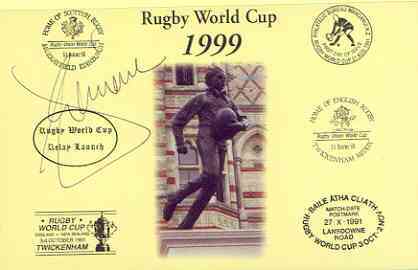Postcard privately produced in 1999 (coloured) for the Rugby World Cup, signed by Epeli Taione (Tonga & Newcastle) unused and pristine, stamps on rugby, stamps on sport