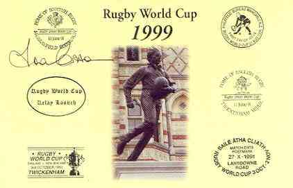 Postcard privately produced in 1999 (coloured) for the Rugby World Cup, signed by Fran Cotton (England - 31 caps, captain & British Lions) unused and pristine, stamps on rugby, stamps on sport
